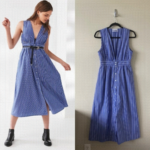 URBAN Outfitters-Striped Button Down Deep Plunge Midi Dress (Size:Small)